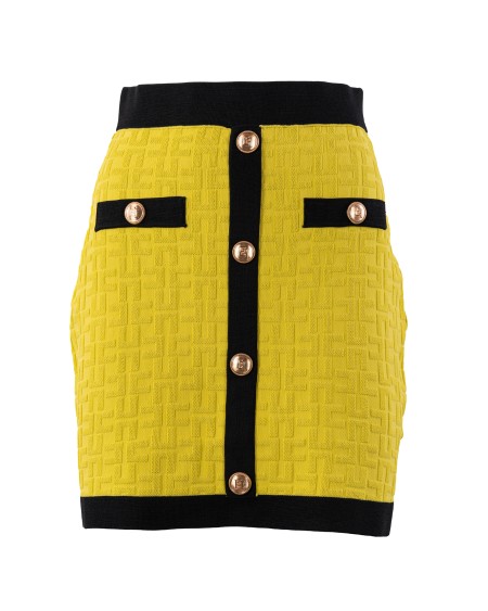 Shop ELISABETTA FRANCHI  Skirt: Elisabetta Franchi viscose miniskirt.
Embossed with all-over double C logo.
Fake buttoning on the front with golden metal buttons.
Composition: 65% Viscose, 35% Polyamide.
Made in Italy.. GK98B42E2-271